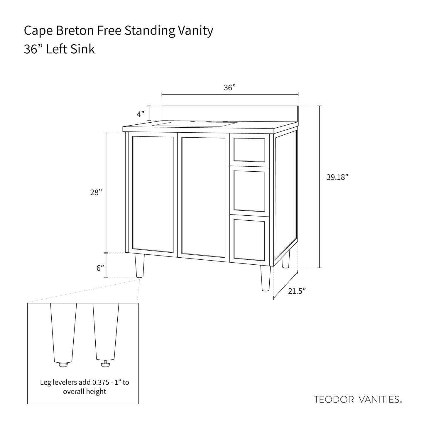 Cape Breton 36" White Oak Bathroom Vanity, Left Sink