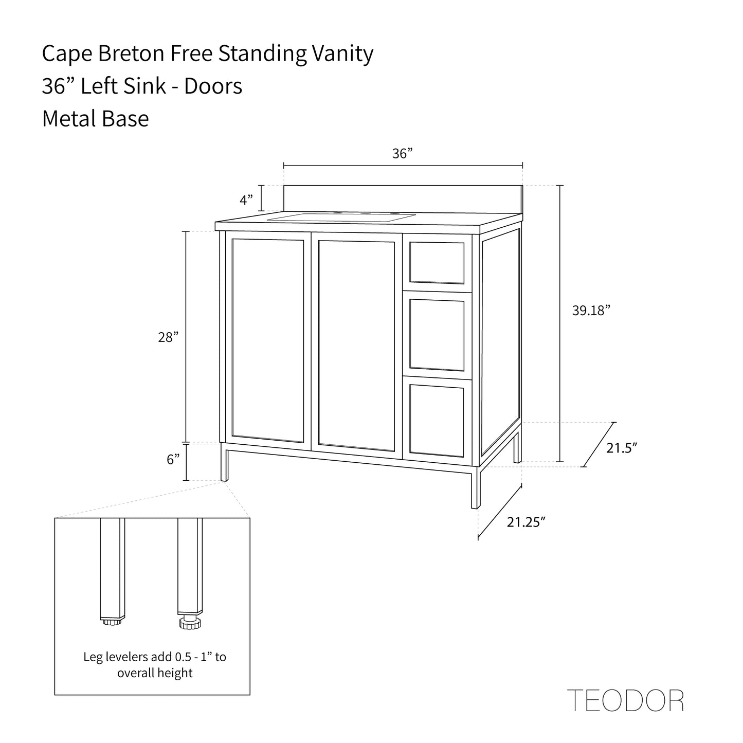 Cape Breton 36" White Oak Bathroom Vanity, Left Sink