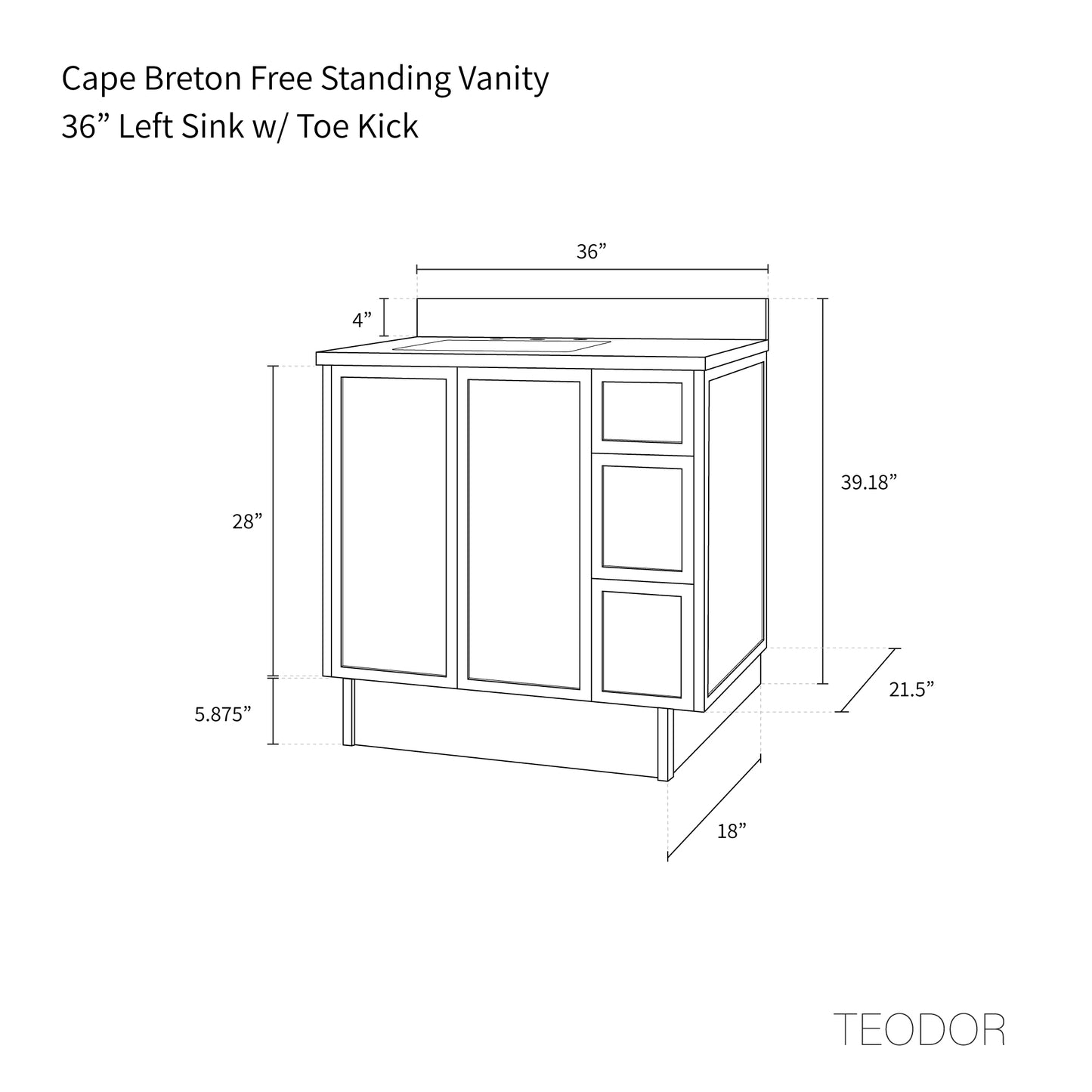 Cape Breton 36" White Oak Bathroom Vanity, Left Sink