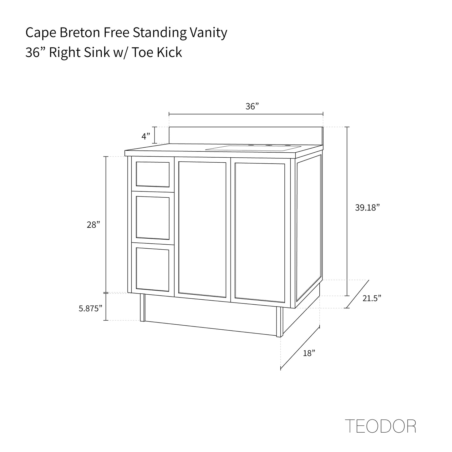 Cape Breton 36" Satin White Bathroom Vanity, Right Sink