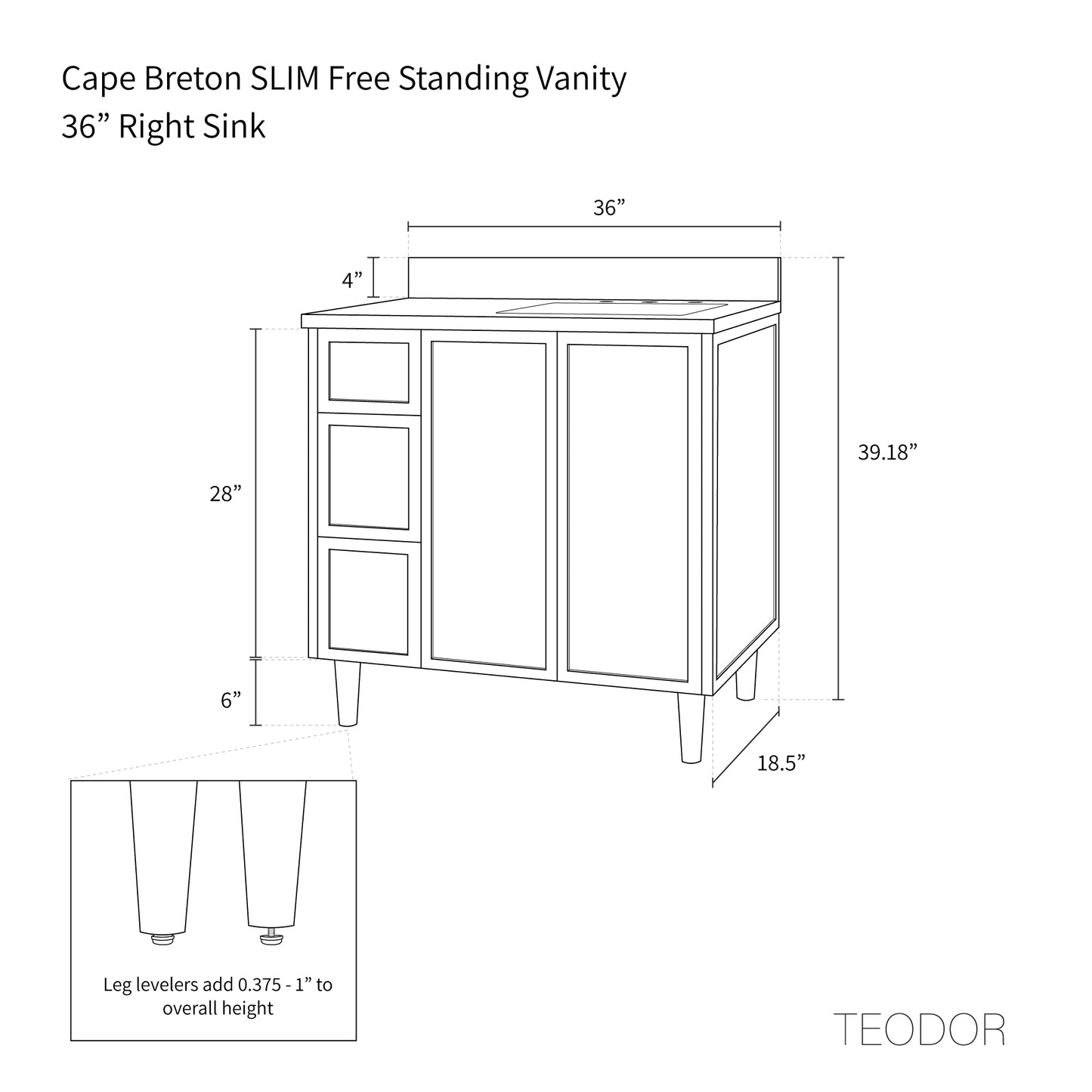 Cape Breton SLIM 36" Blackened Oak Bathroom Vanity, Right Sink