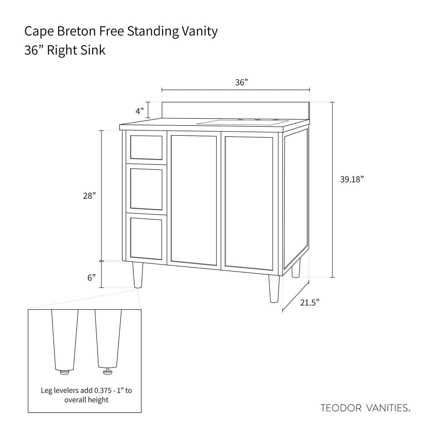 Cape Breton 36" White Oak Bathroom Vanity, Right Sink