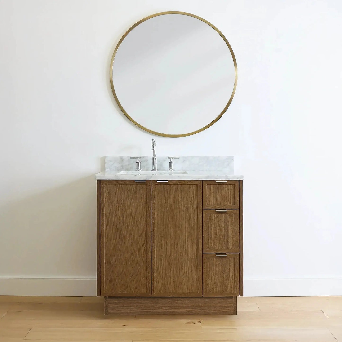 Cape Breton SLIM 36" Mid Century Oak Bathroom Vanity, Left Sink Teodor Bathroom Vanity Canada