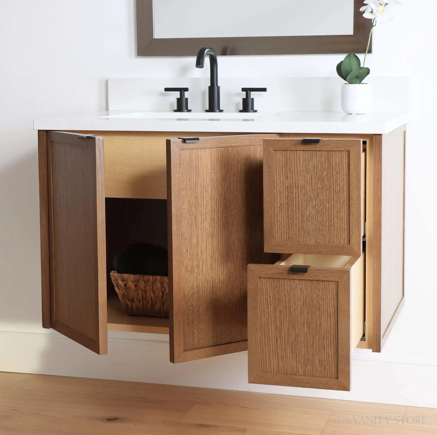 Cape Breton SLIM 36" Wall Mount Mid Century Oak Bathroom Vanity, Left Sink Teodor Bathroom Vanity Canada