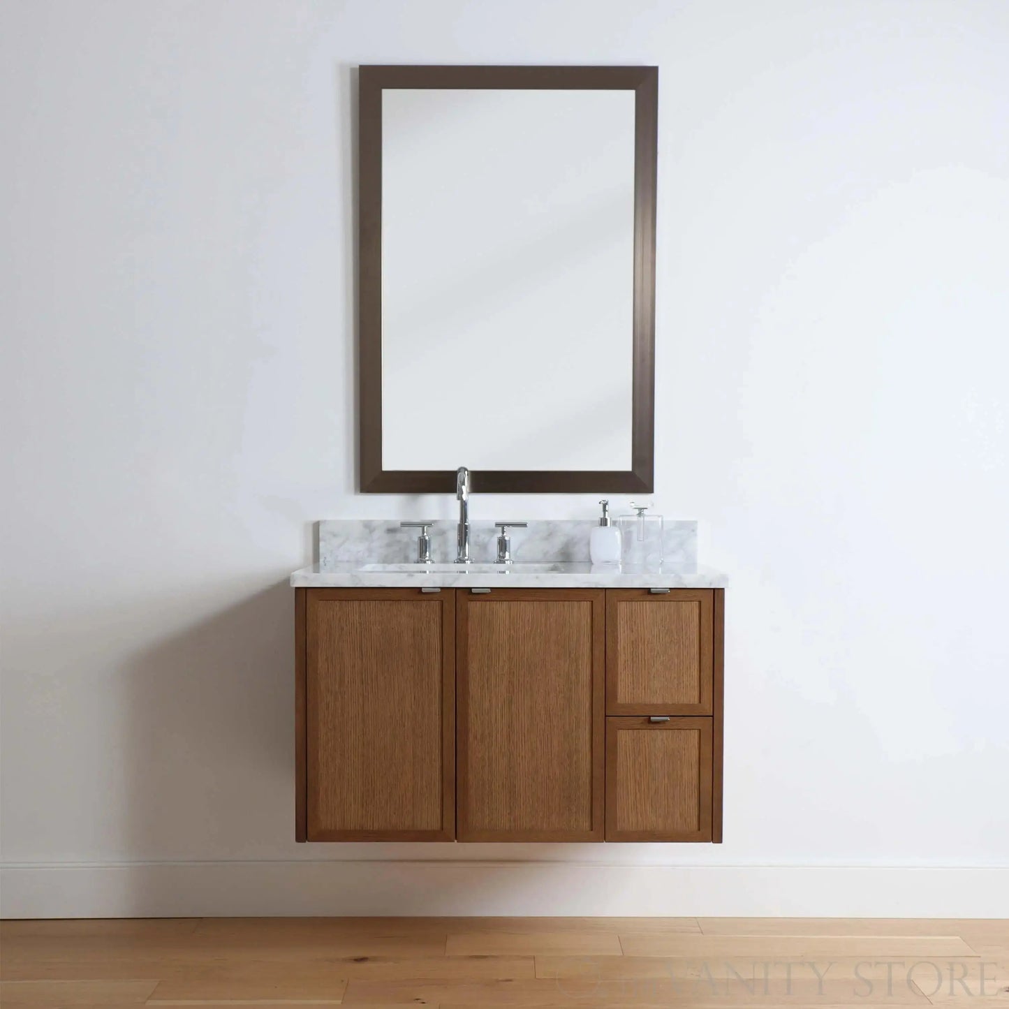 Cape Breton SLIM 36" Wall Mount Mid Century Oak Bathroom Vanity, Left Sink Teodor Bathroom Vanity Canada