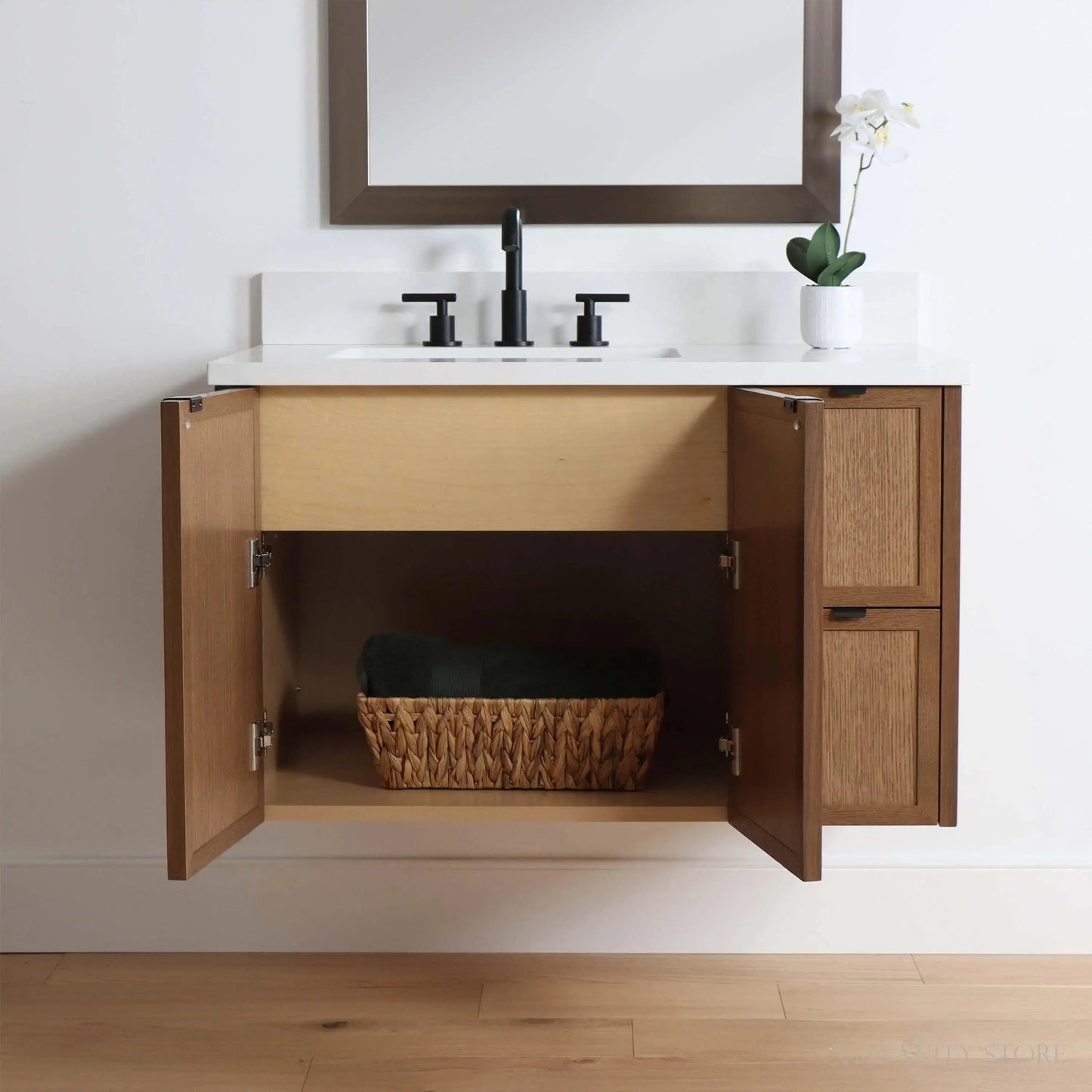 Cape Breton SLIM 36" Wall Mount Mid Century Oak Bathroom Vanity, Left Sink Teodor Bathroom Vanity Canada