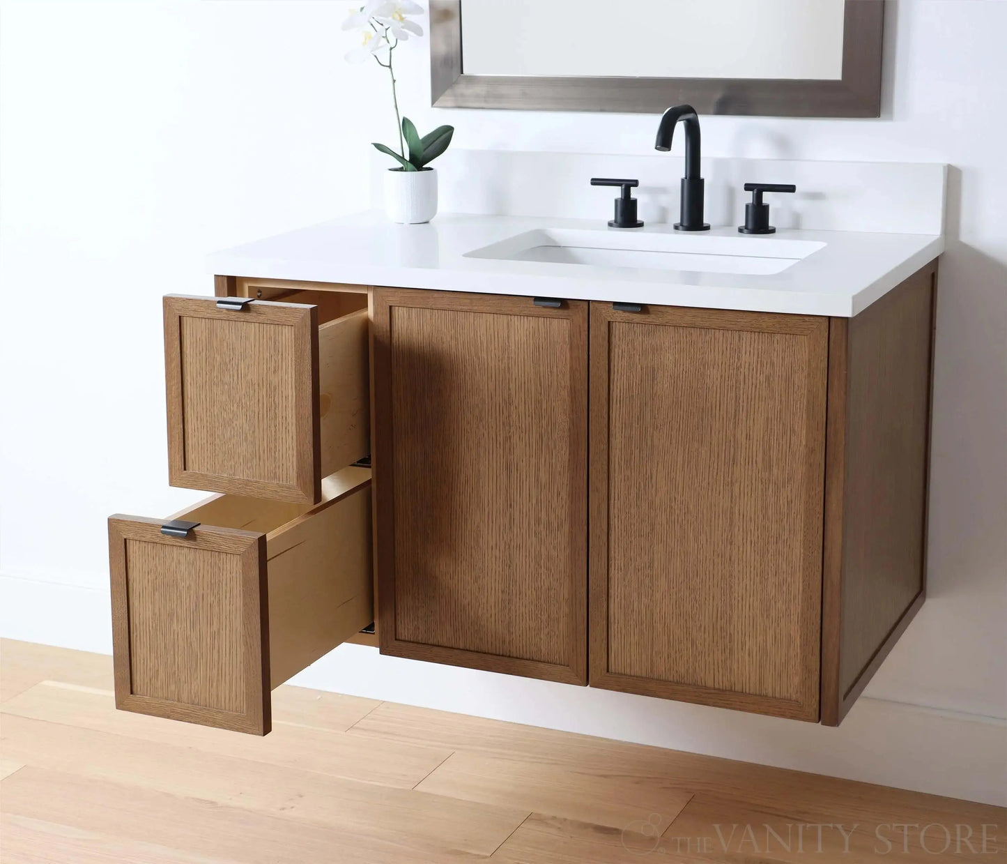 Cape Breton SLIM 36" Wall Mount Mid Century Oak Bathroom Vanity, Right Sink Teodor Bathroom Vanity Canada