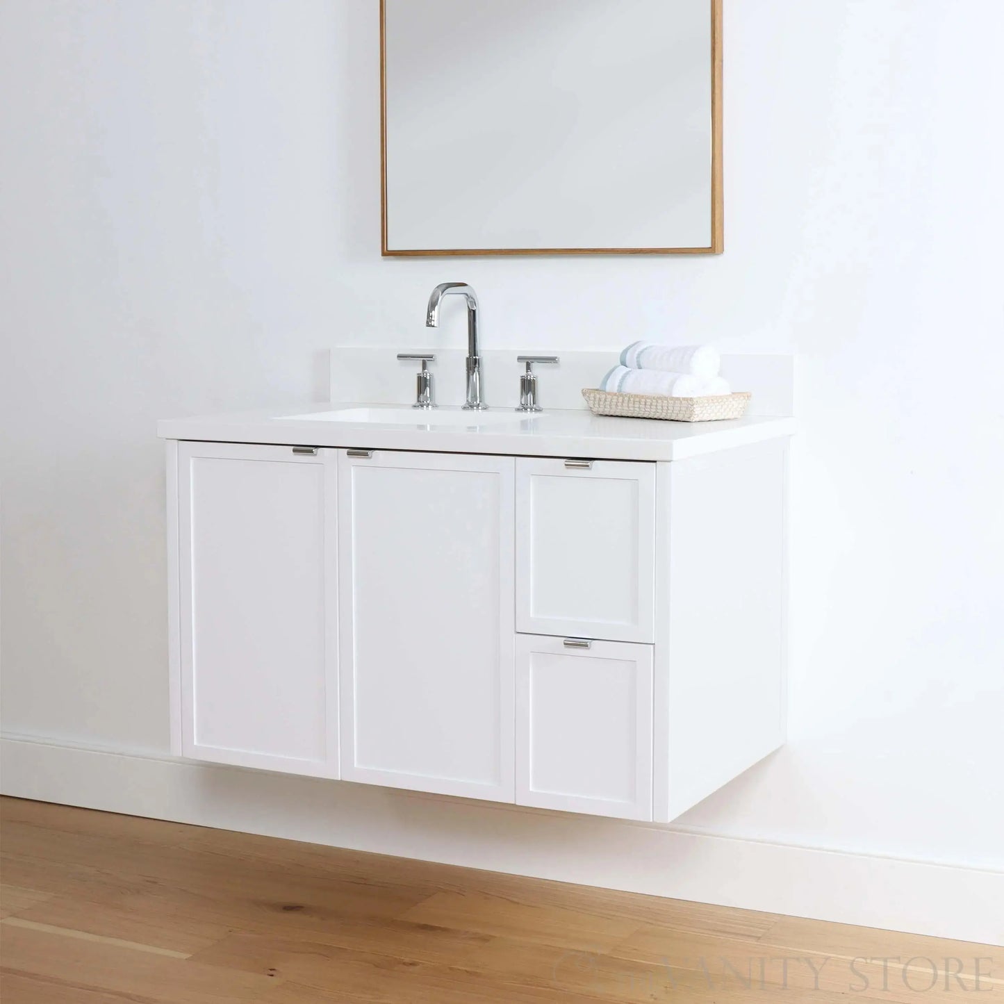 Cape Breton SLIM 36" Wall Mount Satin White Bathroom Vanity, Left Sink Teodor Bathroom Vanity Canada