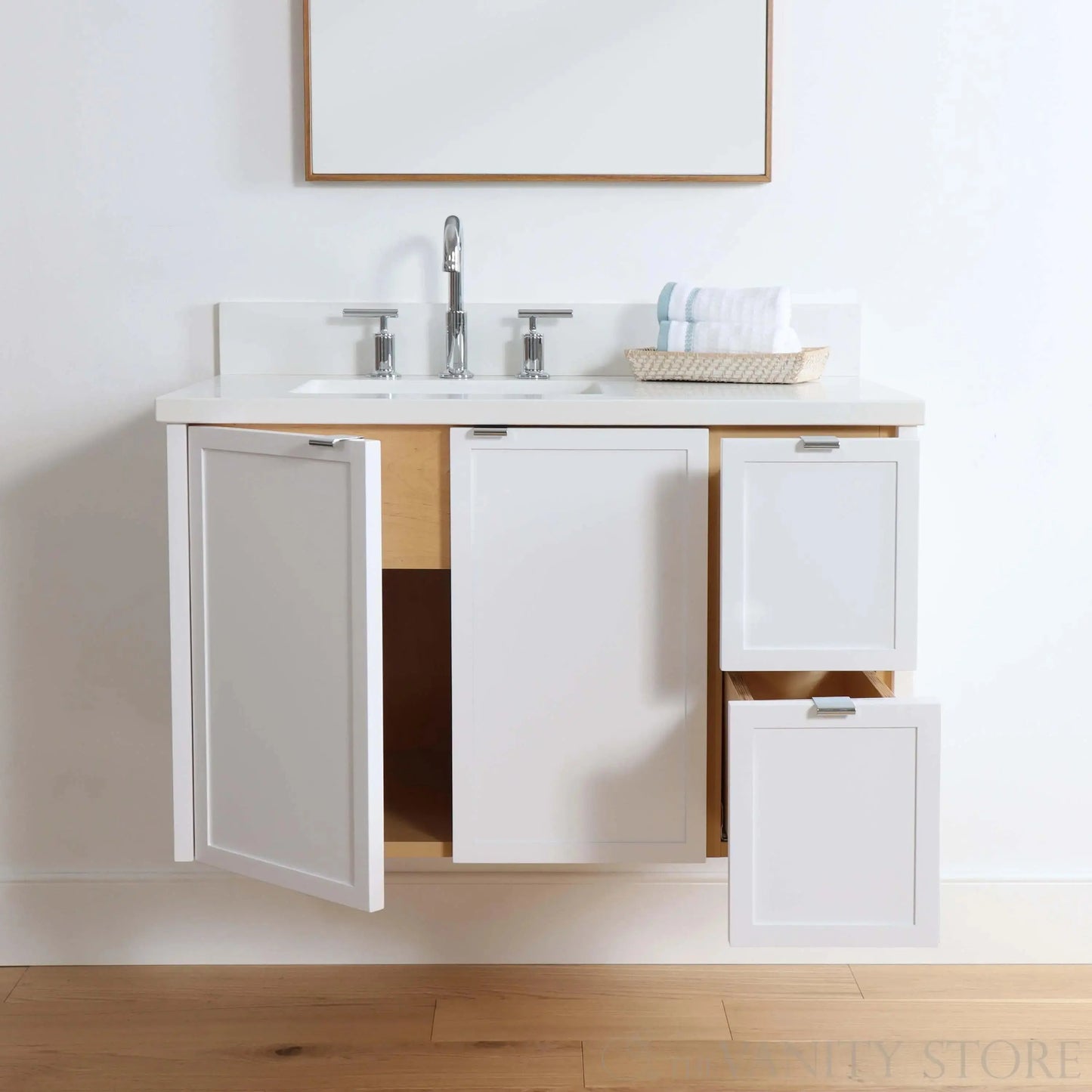 Cape Breton SLIM 36" Wall Mount Satin White Bathroom Vanity, Left Sink Teodor Bathroom Vanity Canada