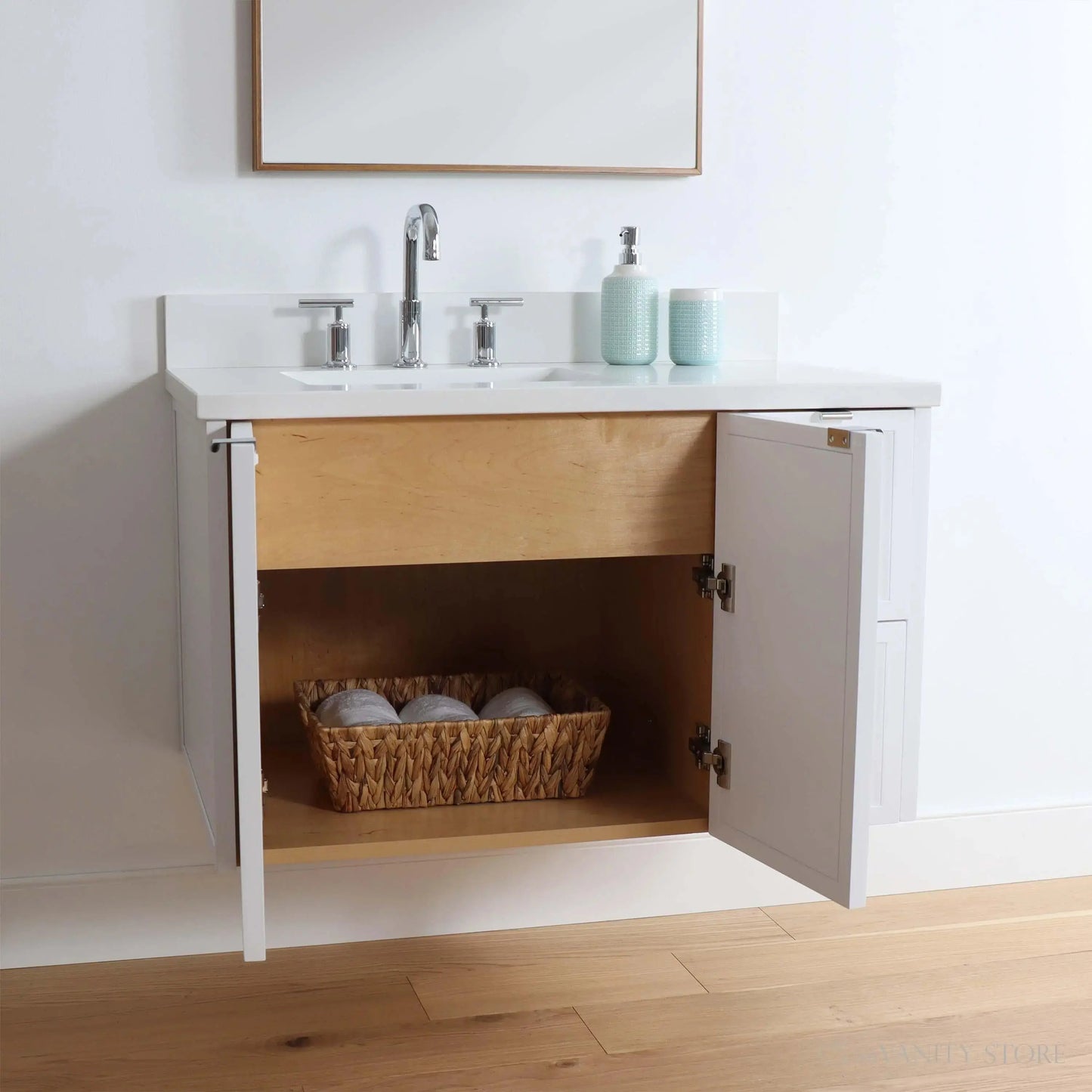 Cape Breton SLIM 36" Wall Mount Satin White Bathroom Vanity, Left Sink Teodor Bathroom Vanity Canada