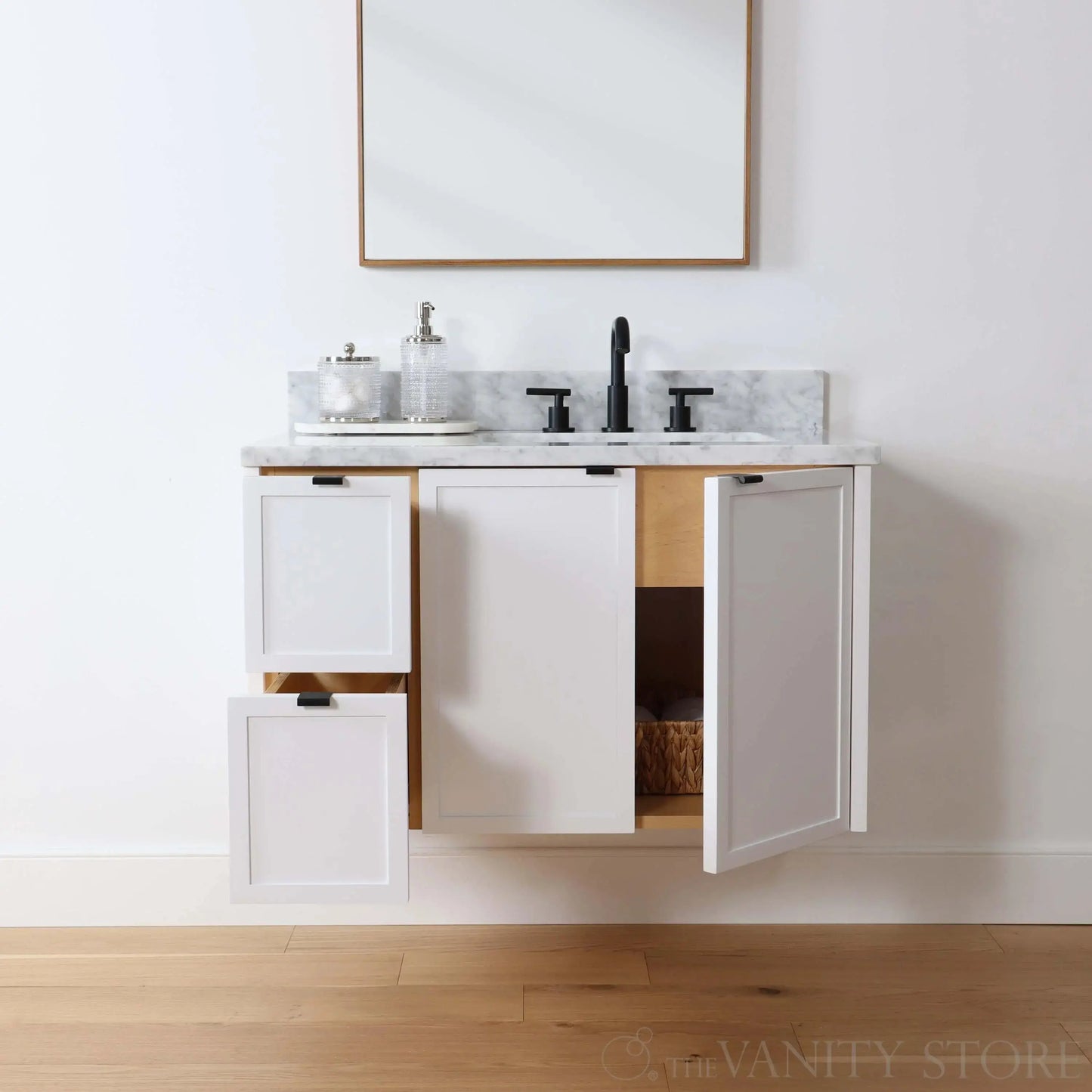 Cape Breton SLIM 36" Wall Mount Satin White Bathroom Vanity, Right Sink Teodor Bathroom Vanity Canada
