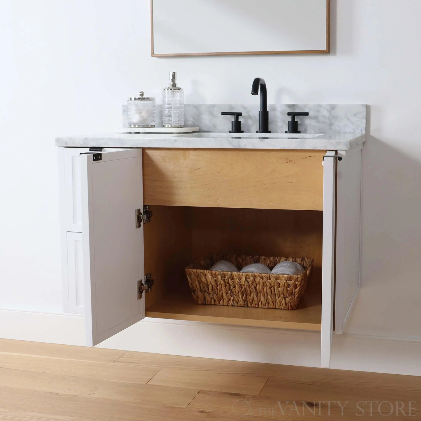 Cape Breton SLIM 36" Wall Mount Satin White Bathroom Vanity, Right Sink Teodor Bathroom Vanity Canada