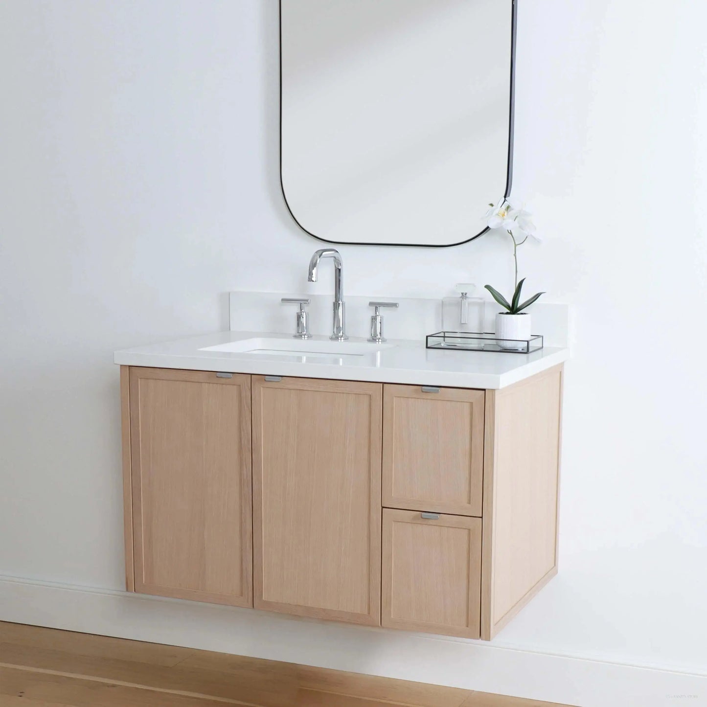 Cape Breton SLIM 36" Wall Mount White Oak Bathroom Vanity, Left Sink Teodor Bathroom Vanity Canada