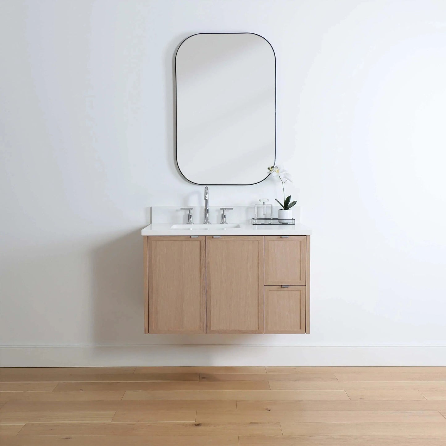 Cape Breton SLIM 36" Wall Mount White Oak Bathroom Vanity, Left Sink Teodor Bathroom Vanity Canada