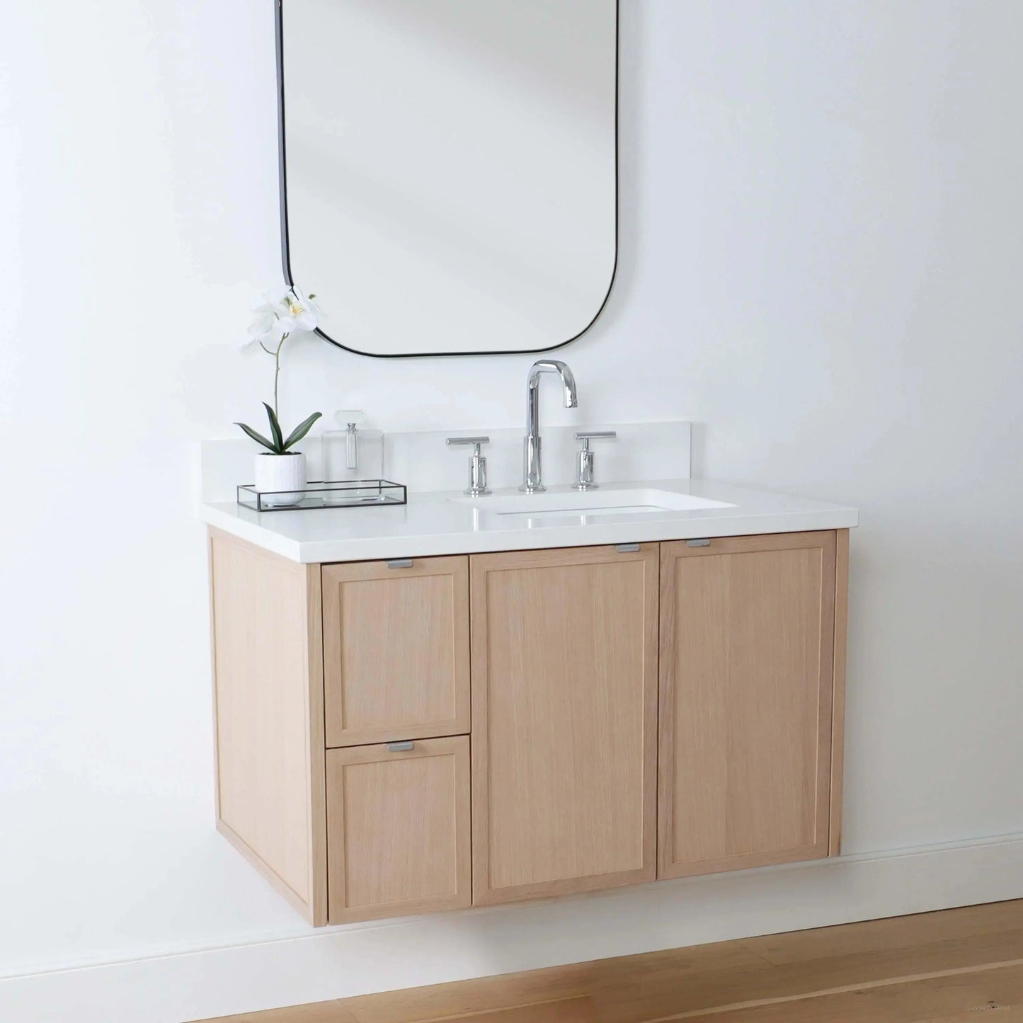 Cape Breton SLIM 36" Wall Mount White Oak Bathroom Vanity, Right Sink Teodor Bathroom Vanity Canada