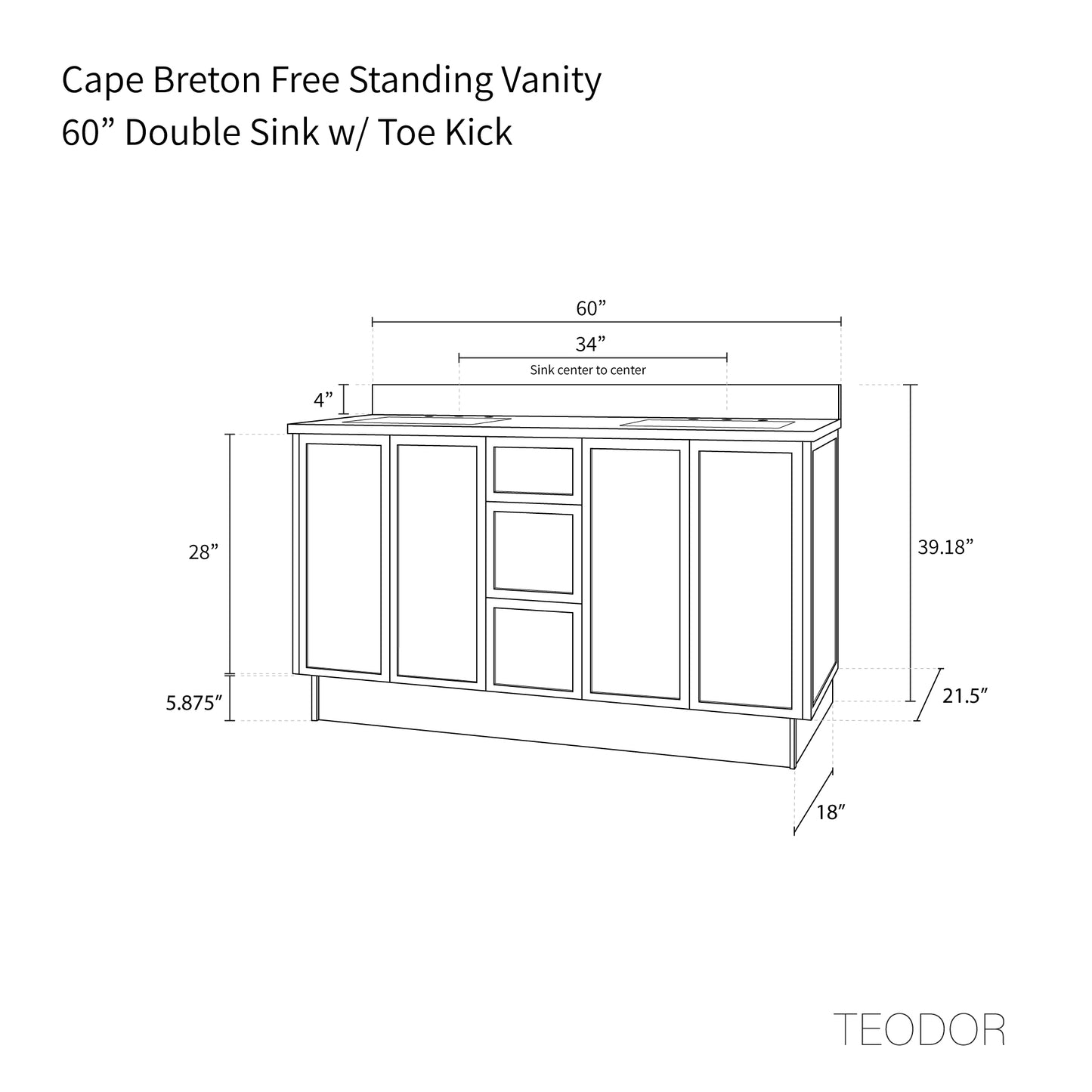 Cape Breton 60" Mid Century Oak Bathroom Vanity, Double Sink