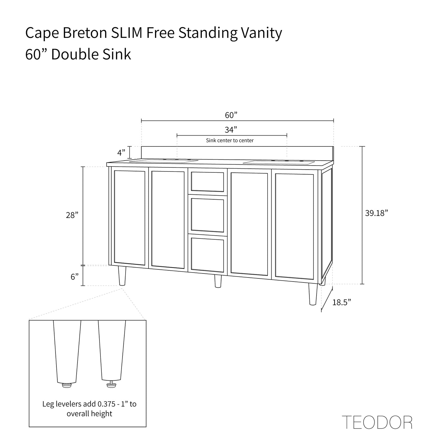 Cape Breton SLIM 60" Mid Century Oak Bathroom Vanity, Double Sink
