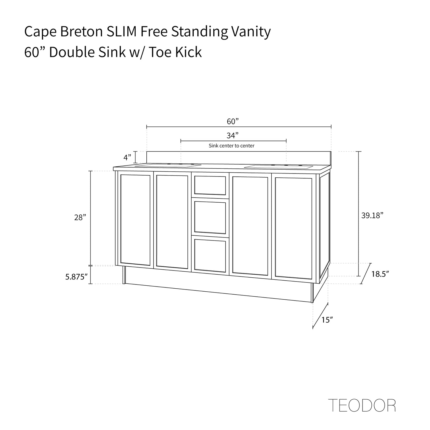 Cape Breton SLIM 60" Mid Century Oak Bathroom Vanity, Double Sink
