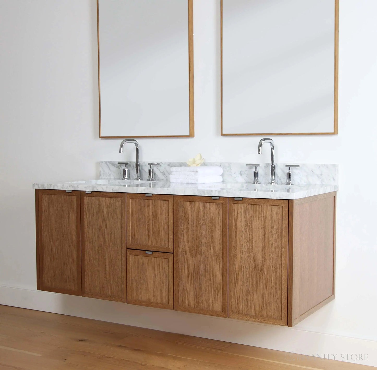 Cape Breton 60" Wall Mount Mid Century Oak Bathroom Vanity, Double Sink - Teodor Vanities