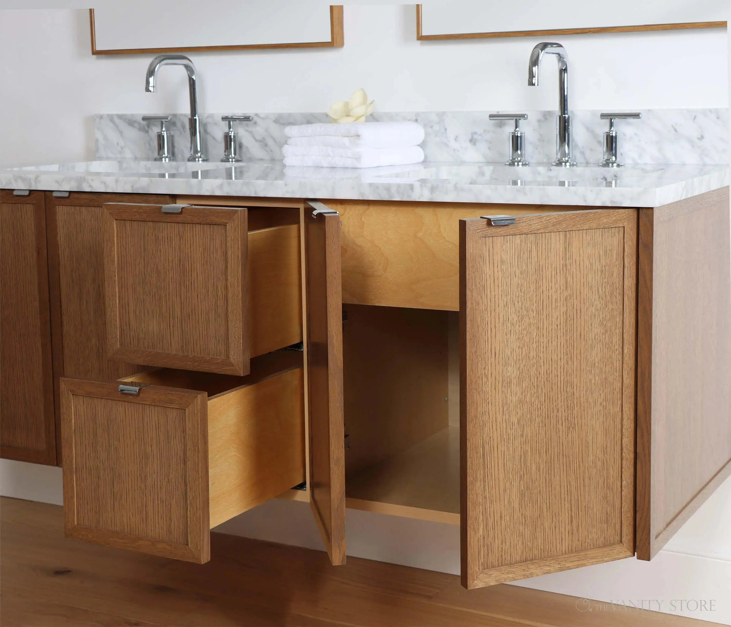 Cape Breton 60" Wall Mount Mid Century Oak Bathroom Vanity, Double Sink - Teodor Vanities