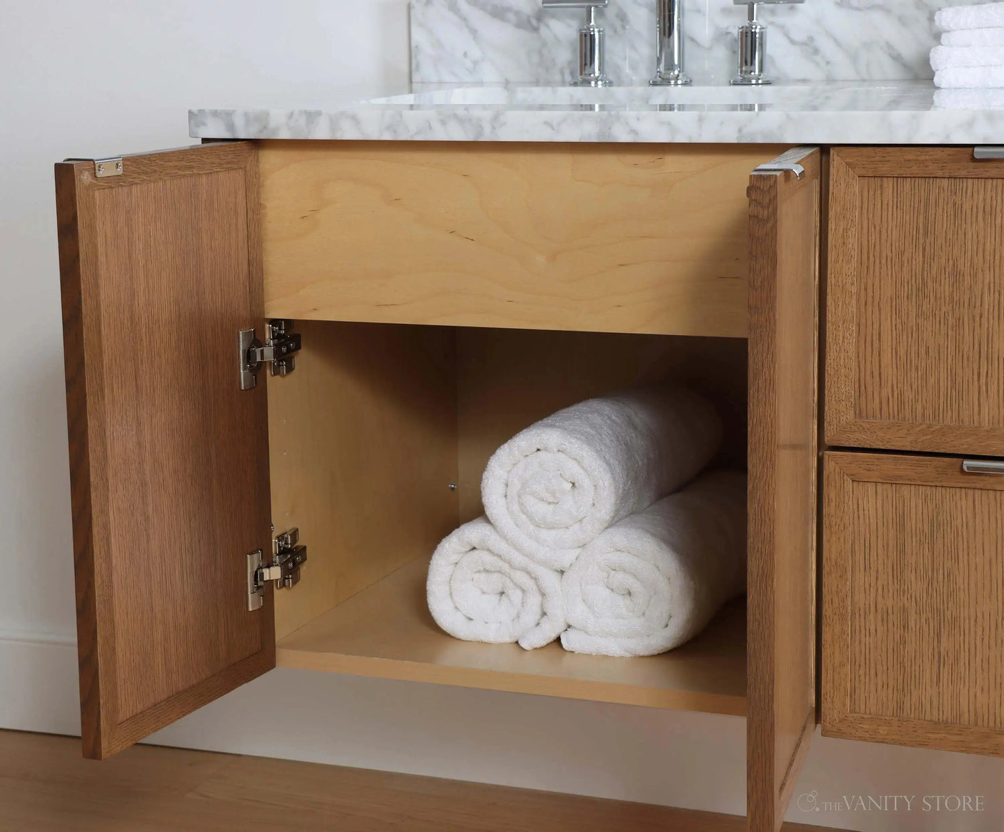 Cape Breton 60" Wall Mount Mid Century Oak Bathroom Vanity, Double Sink - Teodor Vanities
