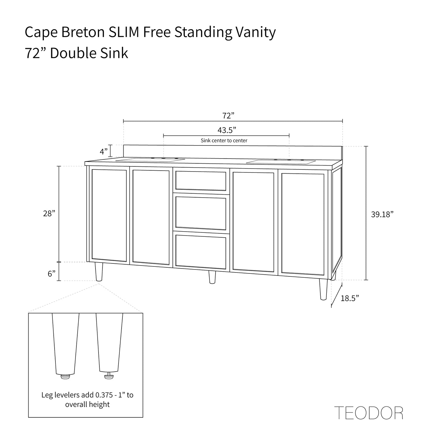 Cape Breton SLIM 72" Blackened Oak Bathroom Vanity, Double Sink