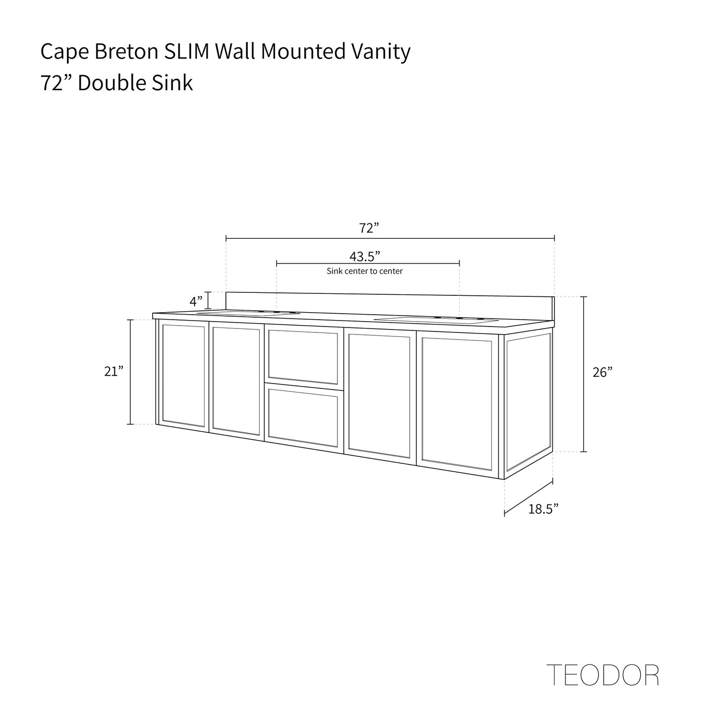 Cape Breton SLIM 72" Wall Mount Blackened Oak Bathroom Vanity, Double Sink
