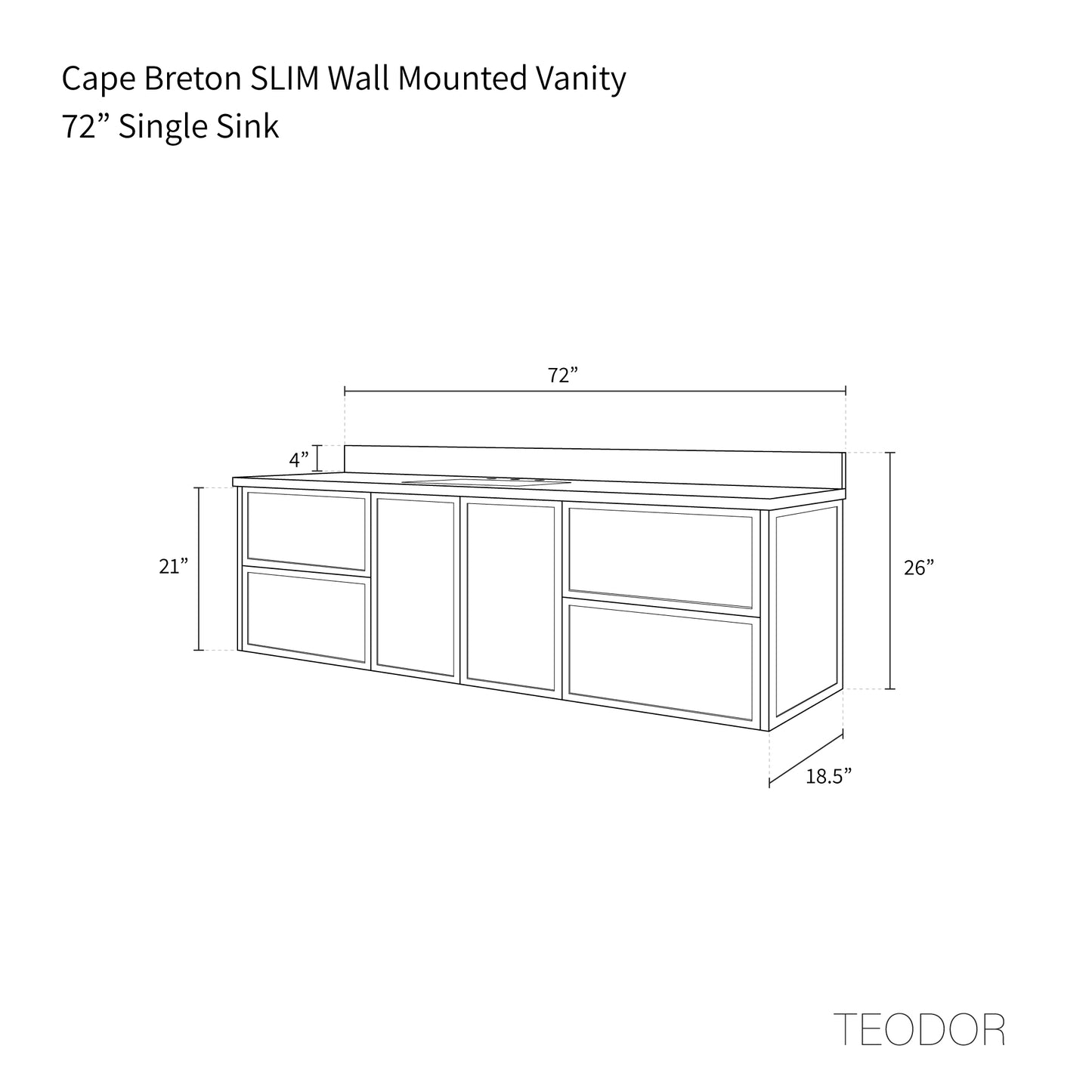Cape Breton SLIM 72" Wall Mount Mid Century Oak Bathroom Vanity