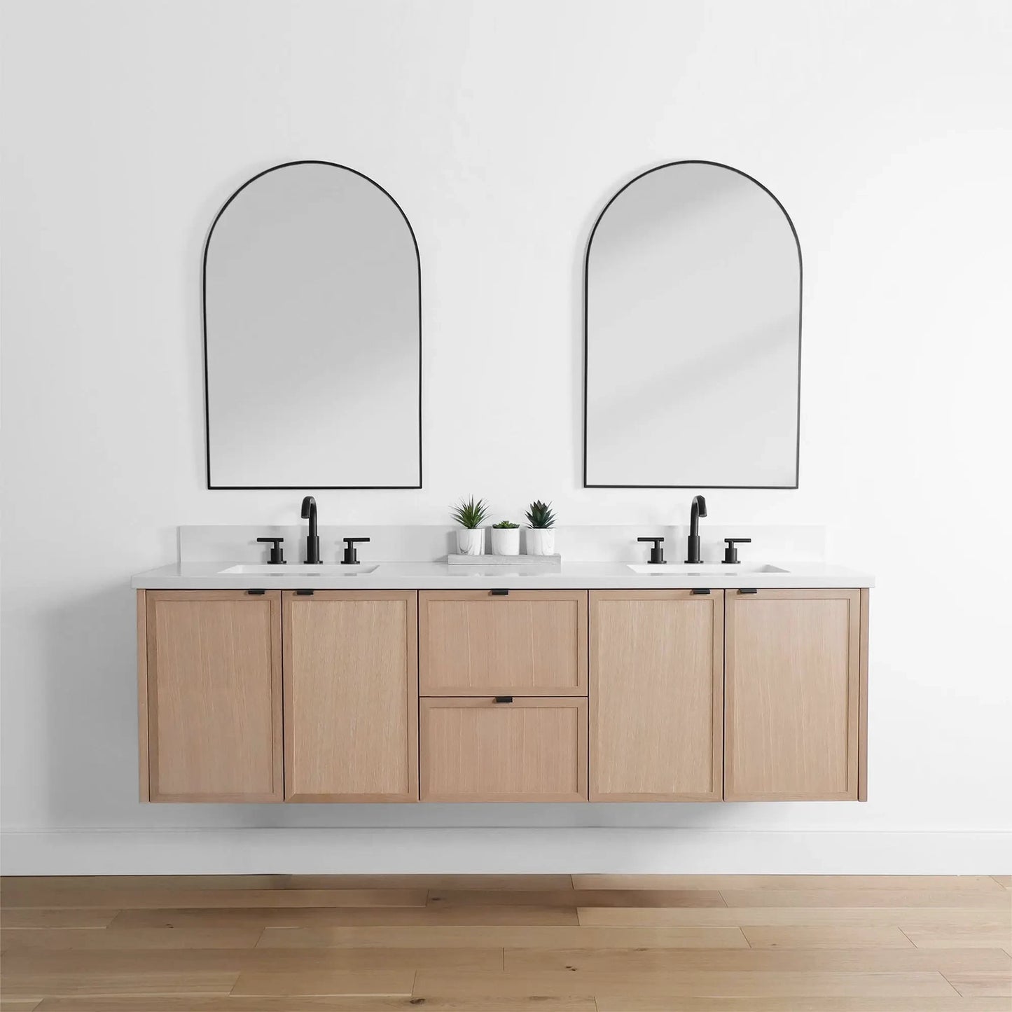 Cape Breton 72" Wall Mount White Oak Bathroom Vanity, Double Sink