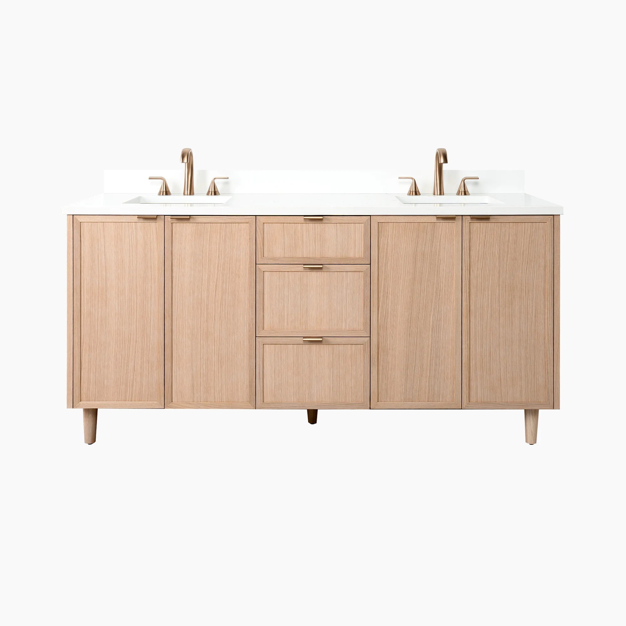 Wooden bathroom vanity with white countertop and dual sink on a white background