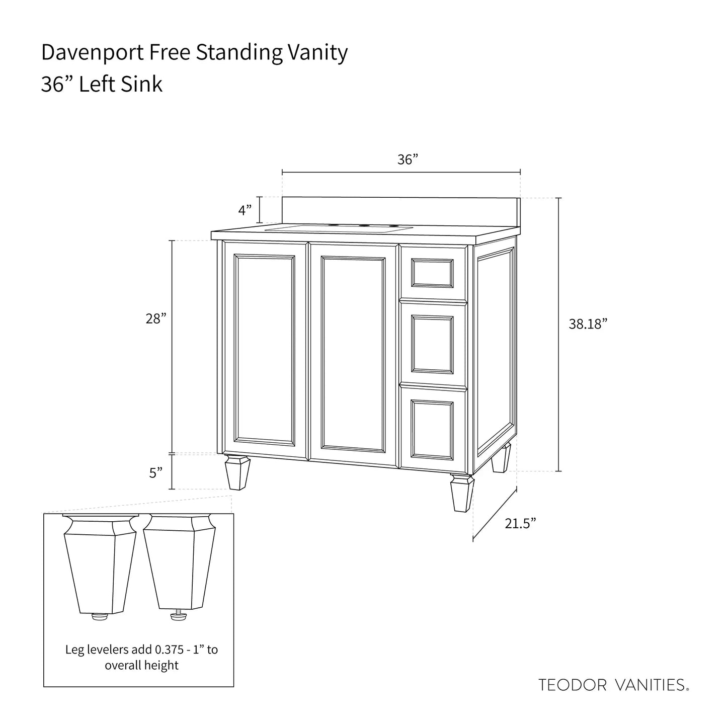Davenport 36", Teodor® Almond Coast Vanity, Left Sink Teodor Bathroom VanityCanada