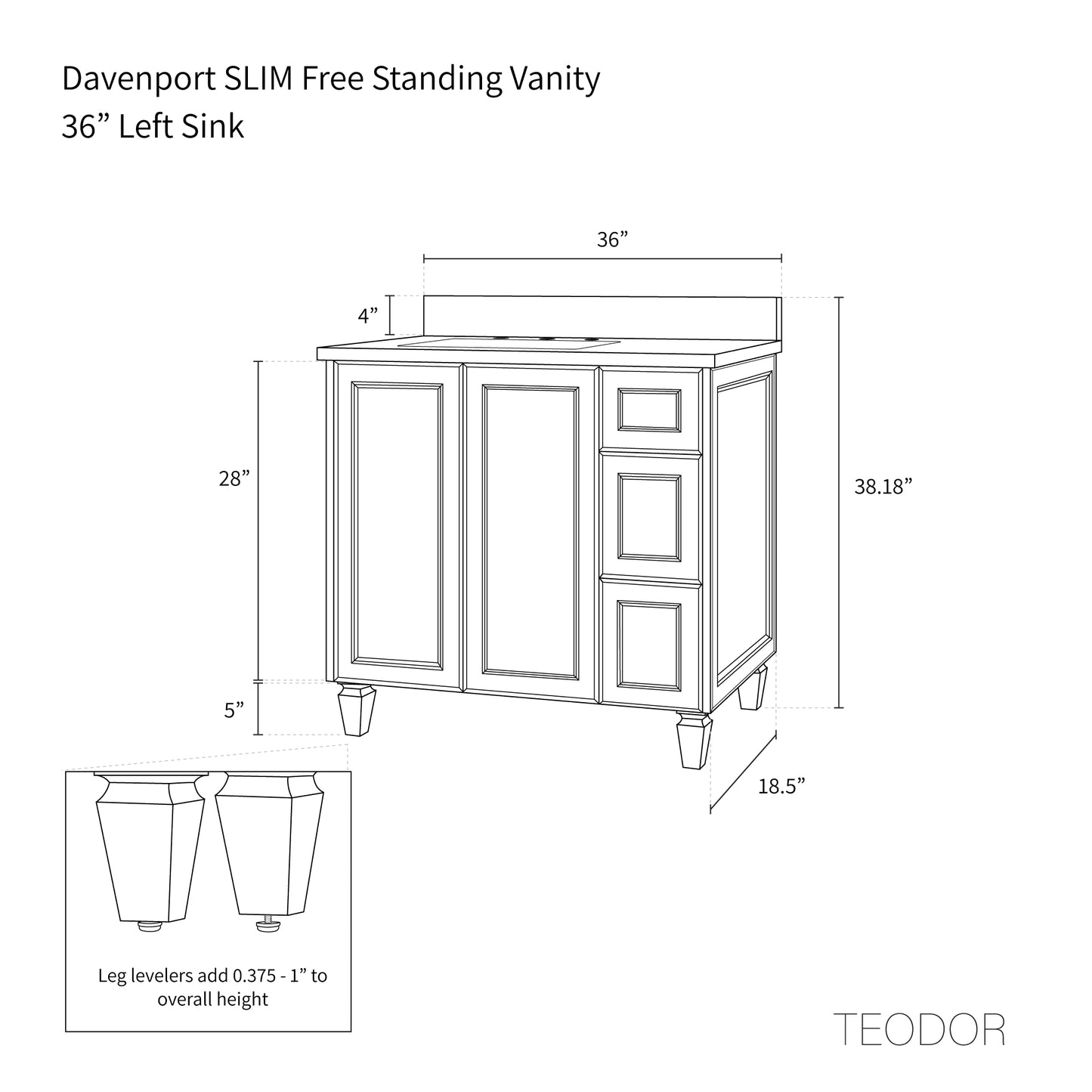 Davenport SLIM 36" Pacific Blue Bathroom Vanity, Left Sink