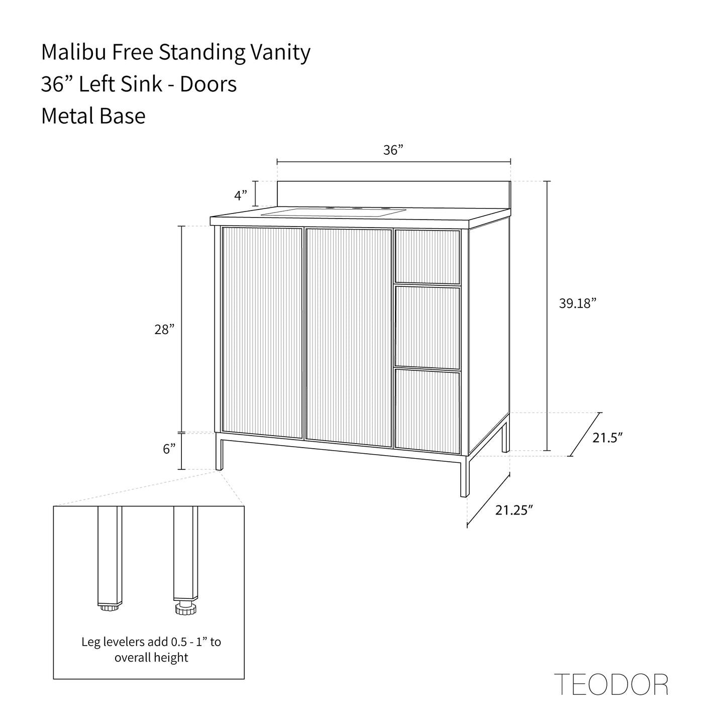 Malibu 36" American Black Walnut Bathroom Vanity, Left Sink