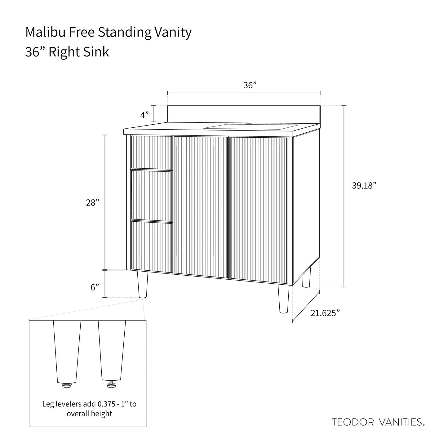 Malibu 36" American Black Walnut Bathroom Vanity, Right Sink - Teodor Vanities