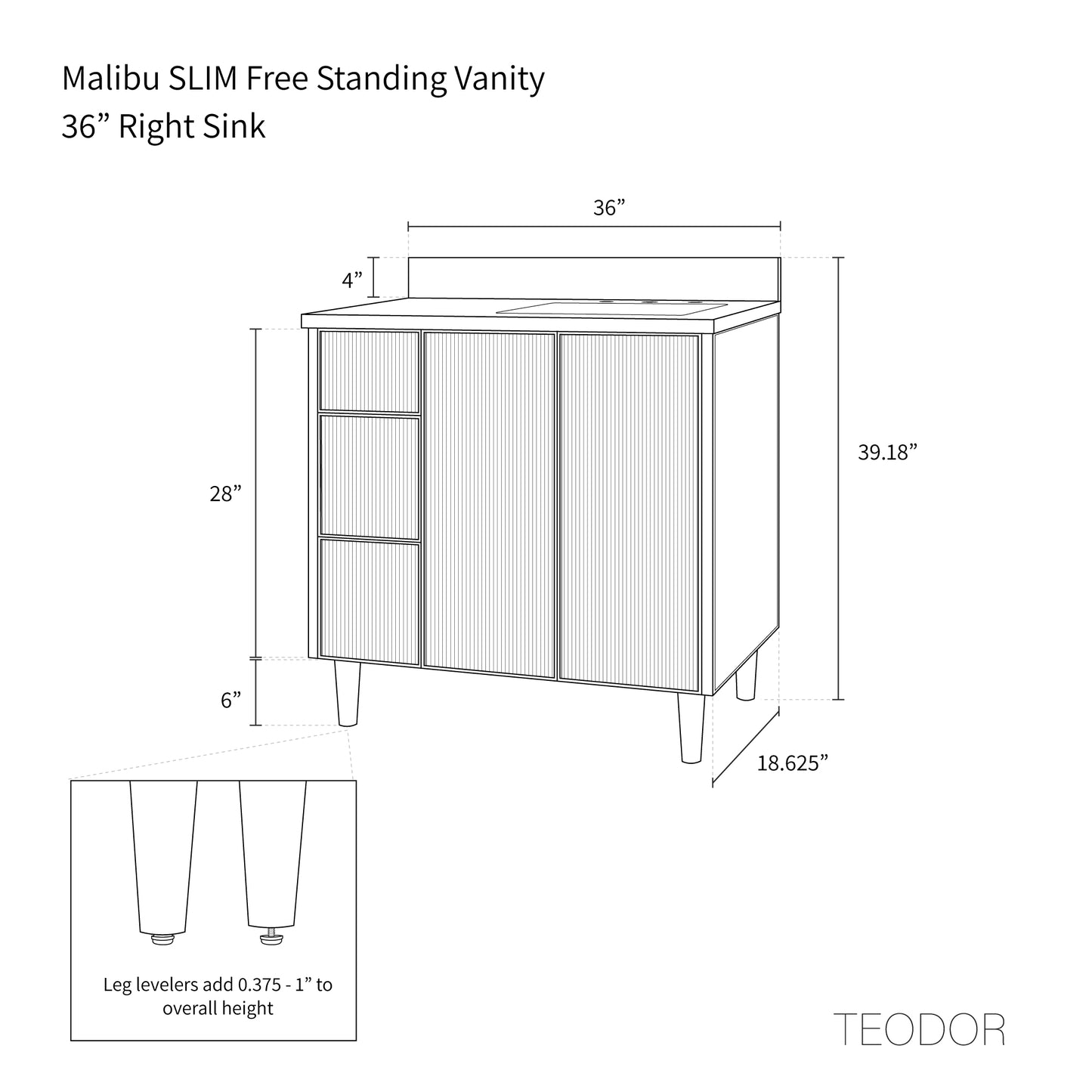 Malibu SLIM 36" Almond Coast Bathroom Vanity, Right Sink