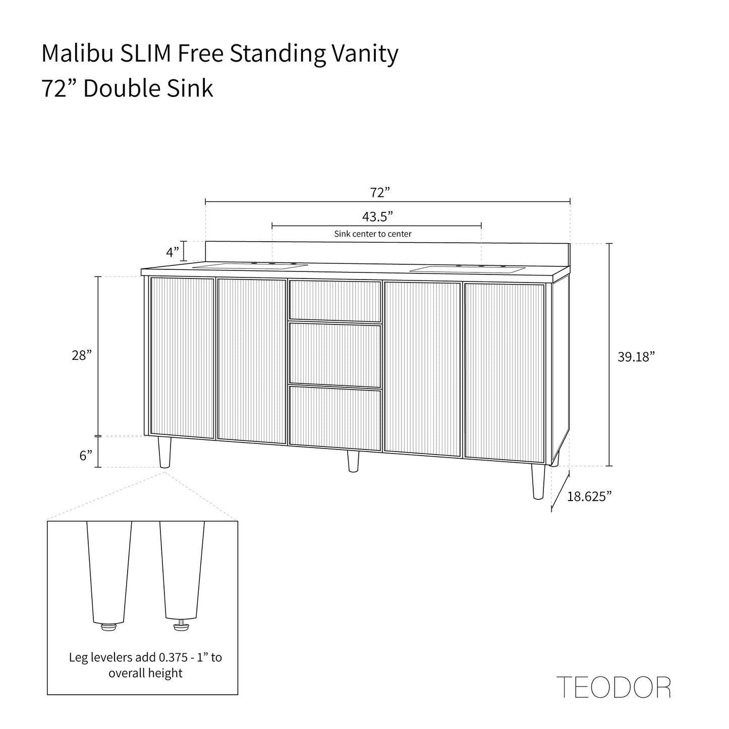 Malibu SLIM 72" American Black Walnut Bathroom Vanity, Double Sink