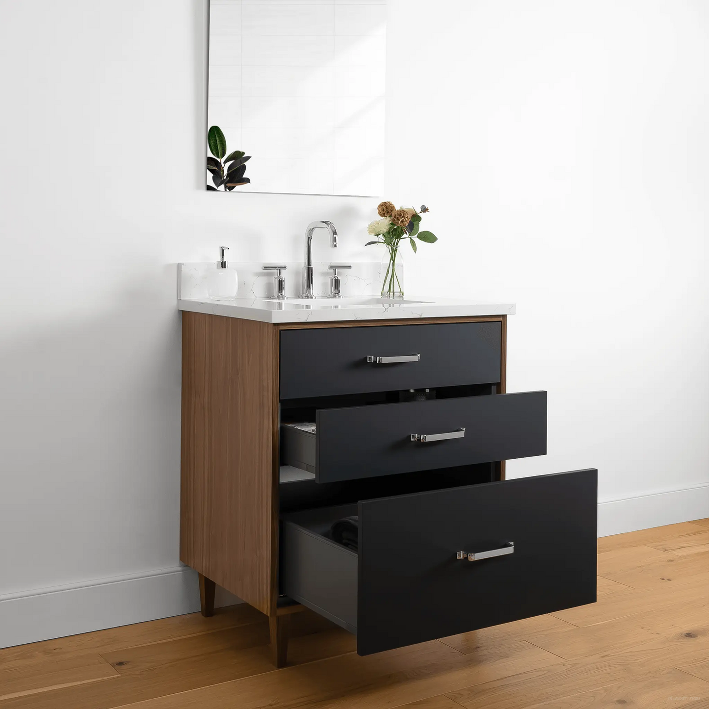 Sidney 30" Matte Black Bathroom Vanity - All Drawers