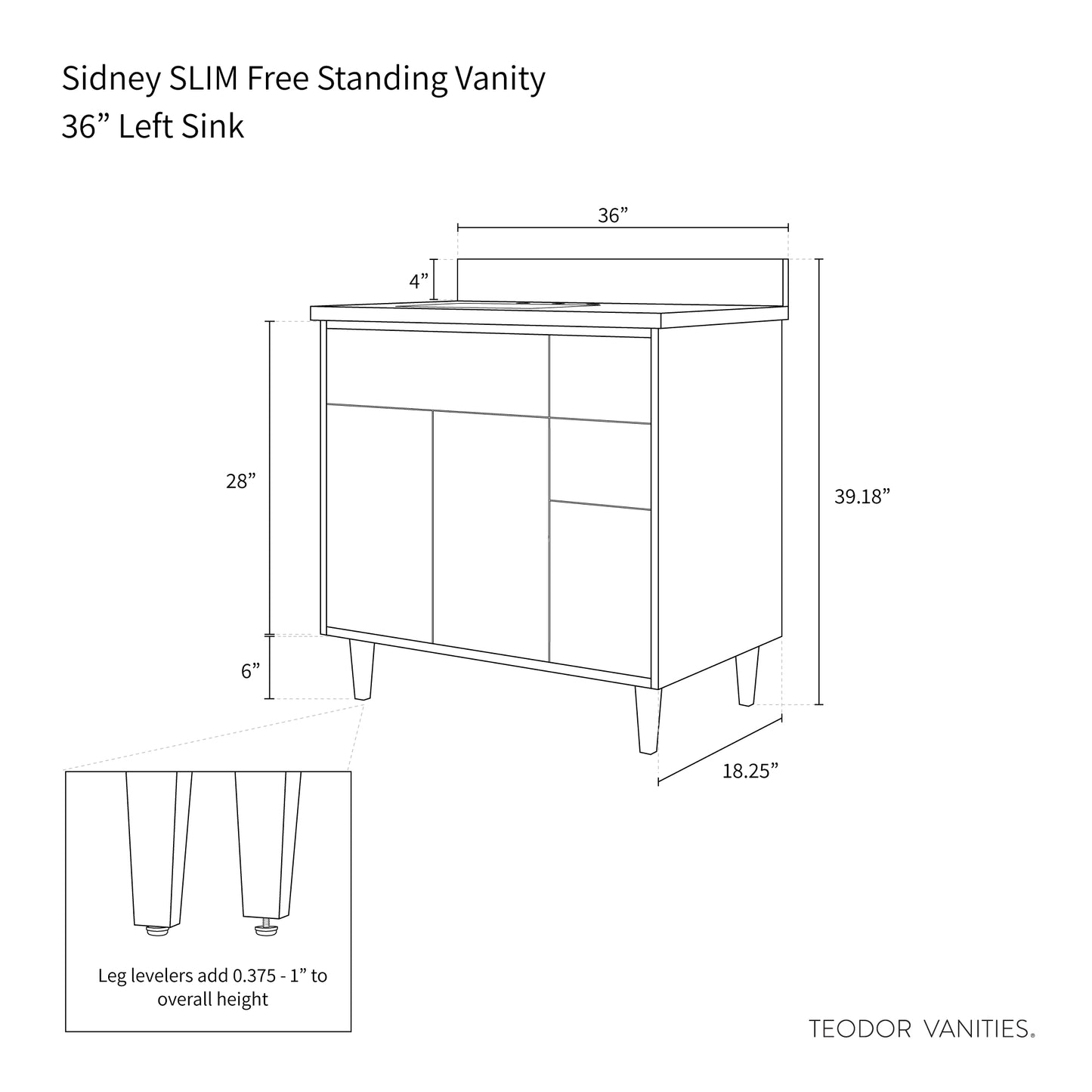 Sidney SLIM 36" Matte Black Bathroom Vanity, Left Sink