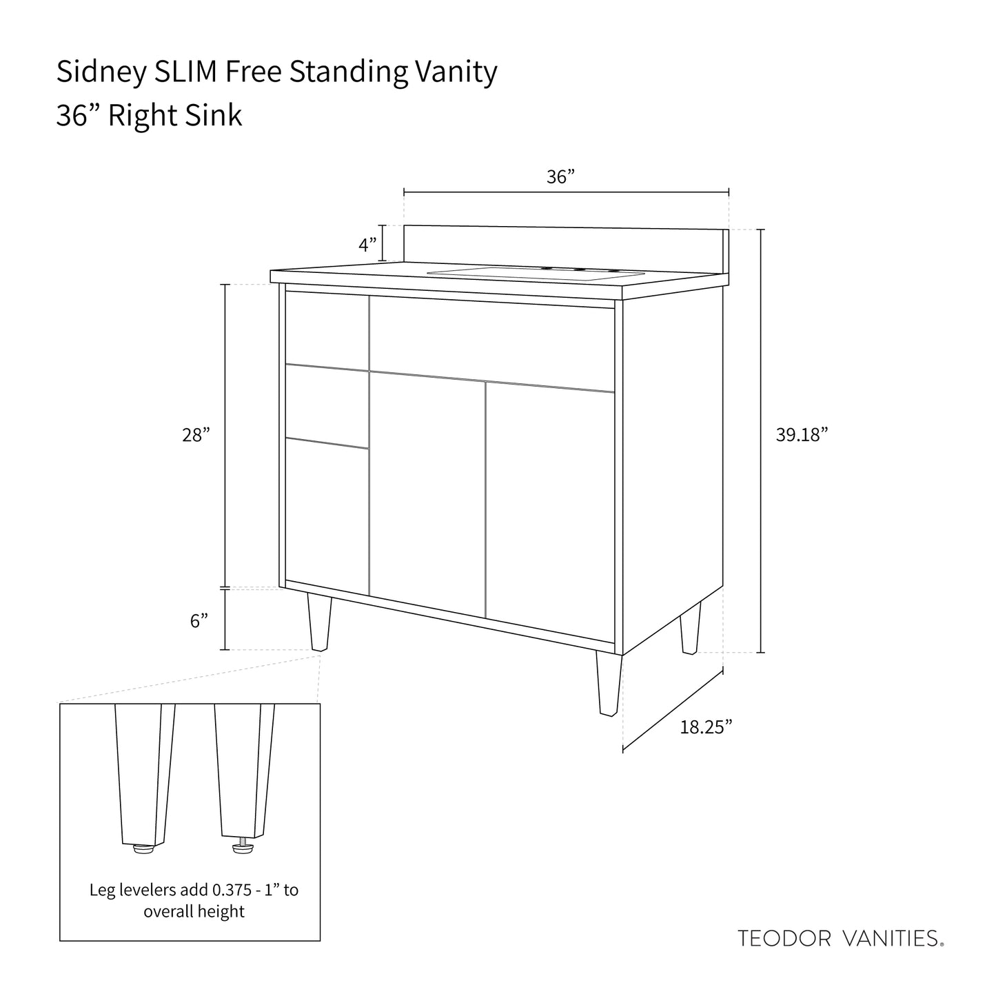 Sidney SLIM 36" Gloss White Bathroom Vanity, Right Sink