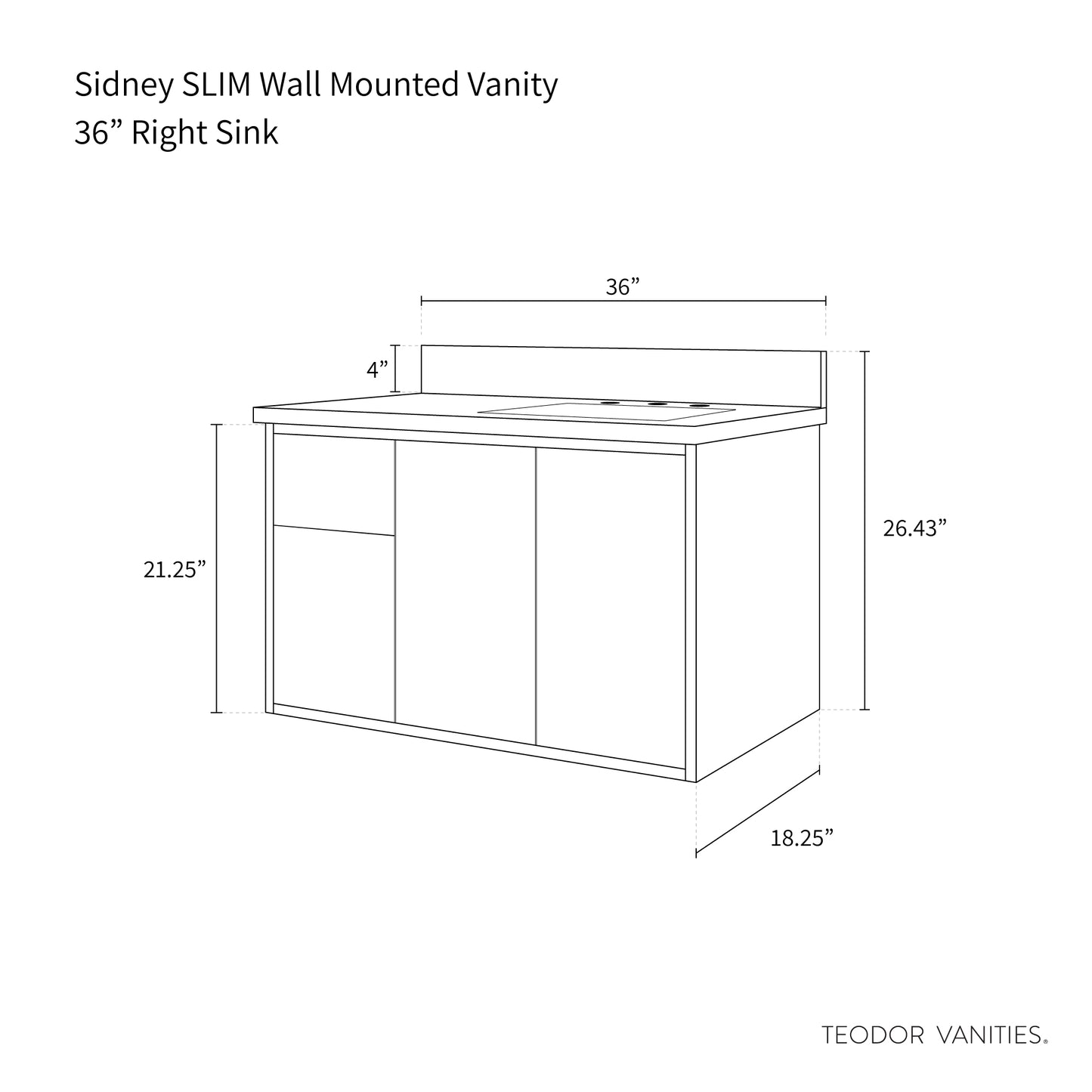 Sidney SLIM 36" Wall Mount Matte Black Bathroom Vanity, Right Sink