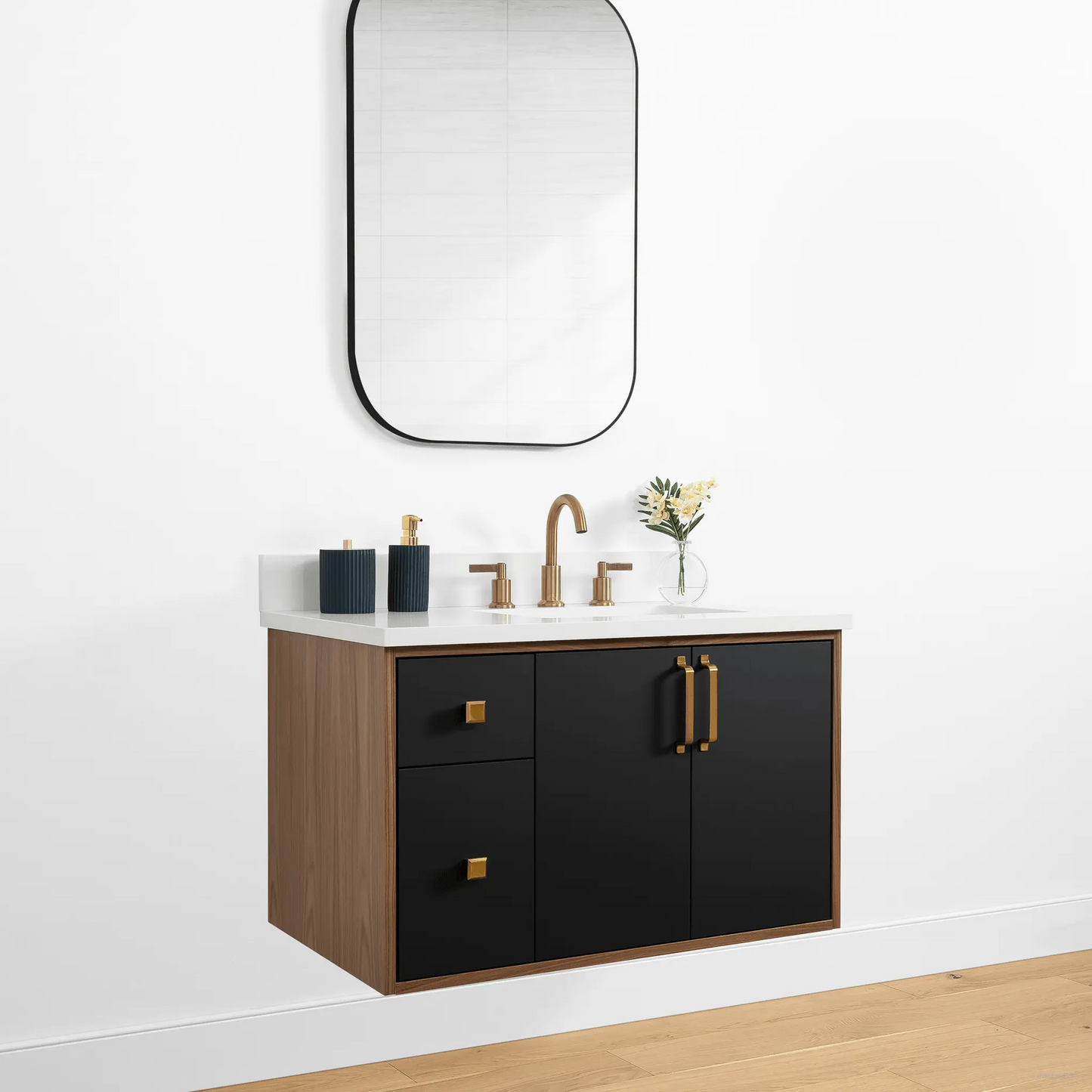Sidney 36" Wall Mount Matte Black Bathroom Vanity, Right Sink