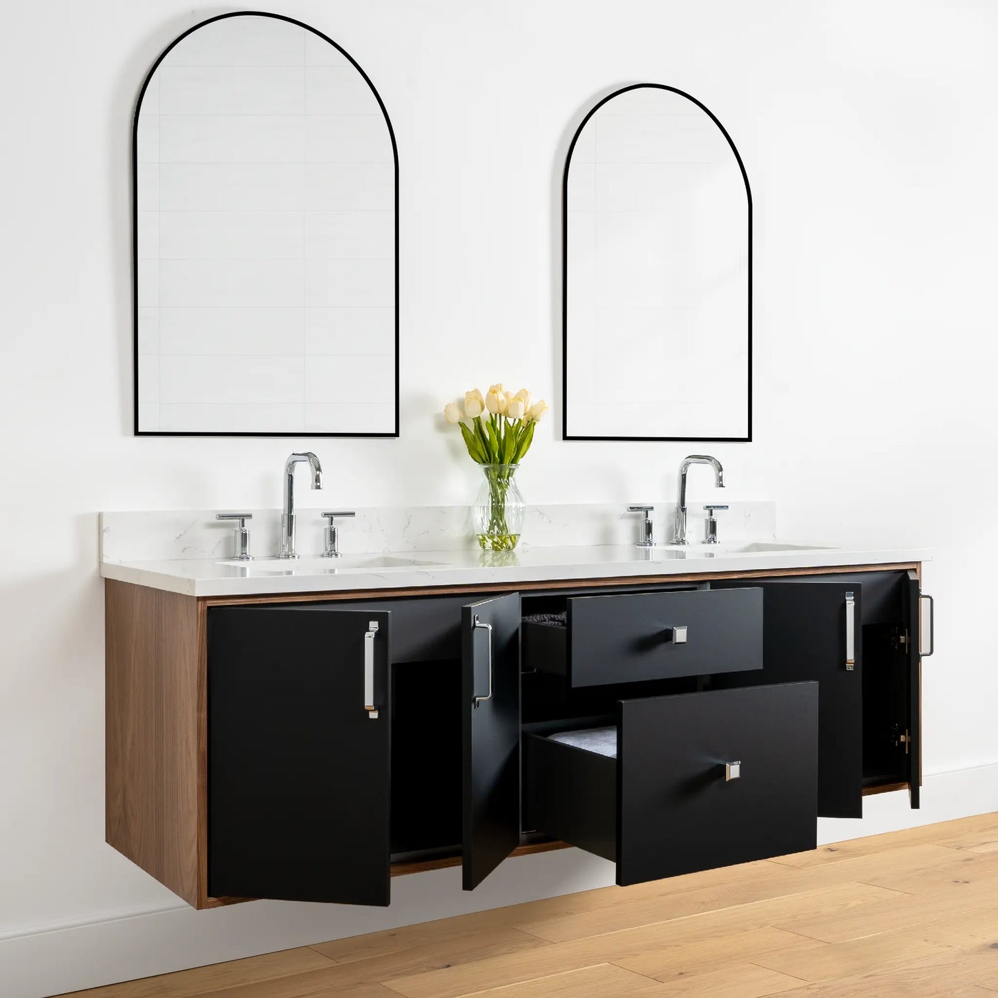 Sidney 72" Wall Mount Matte Black Bathroom Vanity, Double Sink