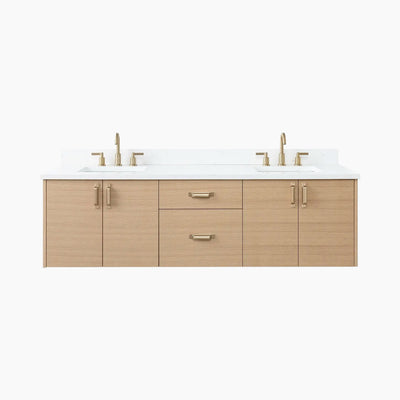 Austin 72" Wall Mount Natural White Oak Bathroom Vanity, Double Sink