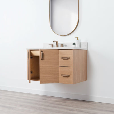 Ashbury 36" Wall Mount Natural White Oak Bathroom Vanity, Left Sink