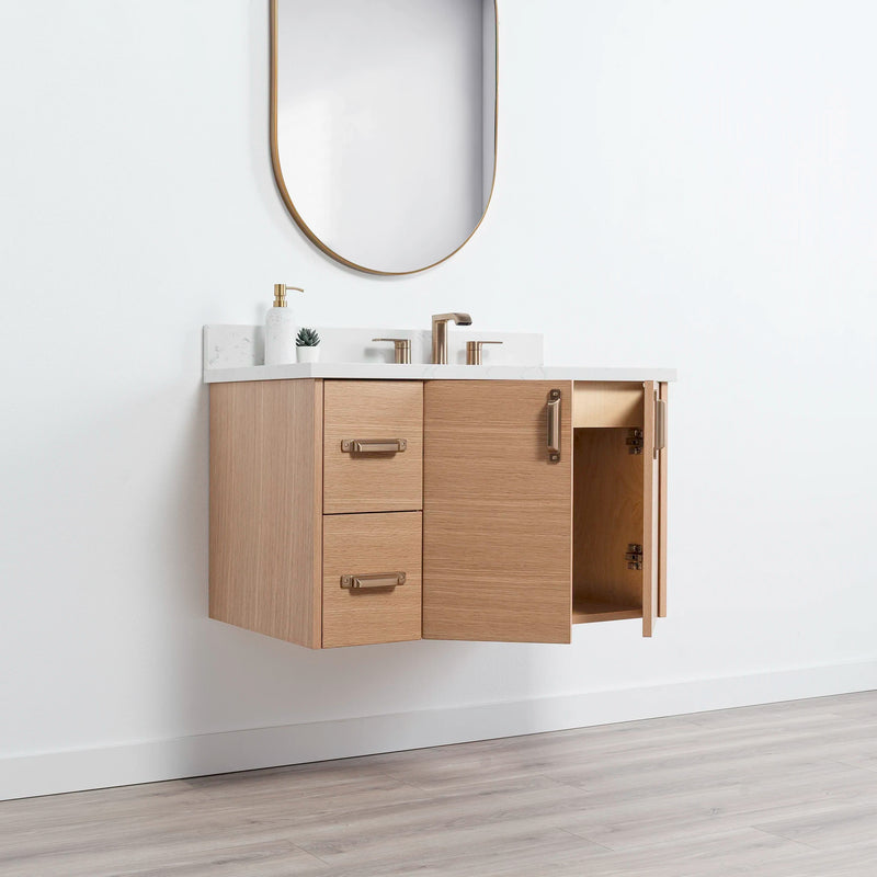 Ashbury 36" Wall Mount Natural White Oak Bathroom Vanity, Right Sink