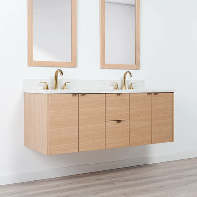 Ashbury 60" Wall Mount Natural White Oak Bathroom Vanity, Double Sink