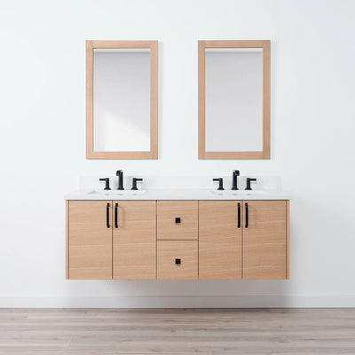 Ashbury 60" Wall Mount Natural White Oak Bathroom Vanity, Double Sink