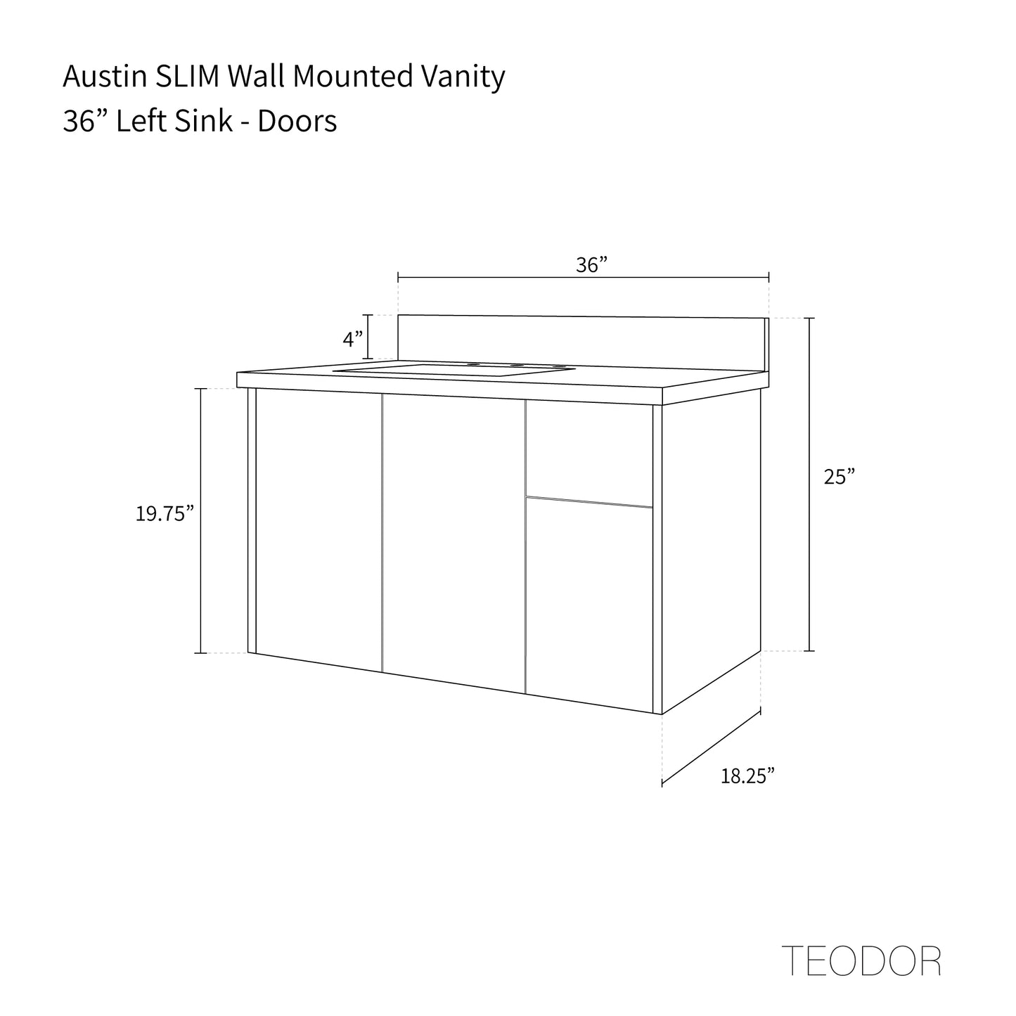 
                  
                    Austin SLIM, 36" Teodor® Modern Wall Mount American Black Walnut Vanity, Left Sink Teodor Bathroom VanityCanada
                  
                