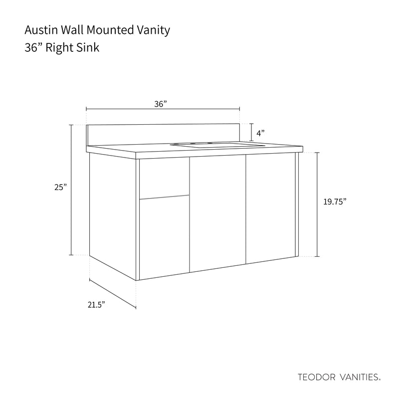 Austin 36", Teodor® Modern Wall Mount Gloss White Vanity, Right Sink