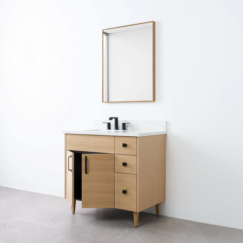 Austin 36" Natural White Oak Bathroom Vanity, Left Sink - Teodor Vanities